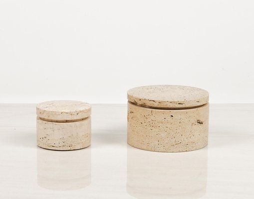 Mid-Century Decorative Boxes in Travertine in the style of Enzo Mari, Italy, 1970s, Set of 2-LYQ-1739368