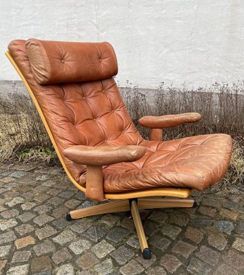 Mid-Century Delfin Swivel Chair in Cognac Brown Leather from Göte Möbler Nässjö, Sweden, 1970s-IJL-1824333