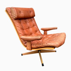 Mid-Century Delfin Swivel Chair in Cognac Brown Leather from Göte Möbler Nässjö, Sweden, 1970s-IJL-1824333