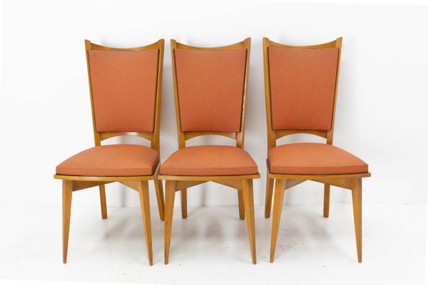 Mid-Century Dining Chairs in Beech and Red Moleskine, France, 1950s, Set of 6-RIU-1142278