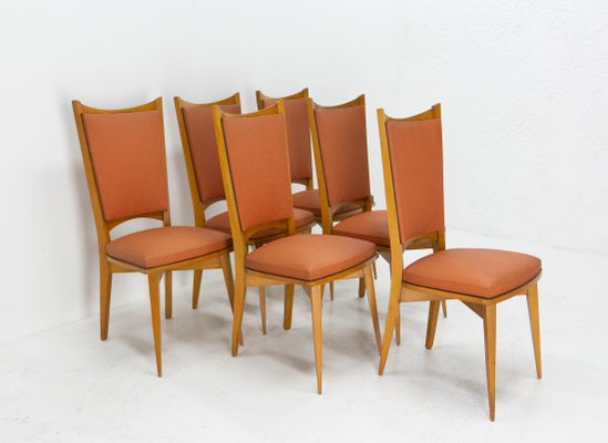 Mid-Century Dining Chairs in Beech and Red Moleskine, France, 1950s, Set of 6-RIU-1142278