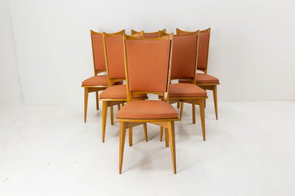 Mid-Century Dining Chairs in Beech and Red Moleskine, France, 1950s, Set of 6-RIU-1142278