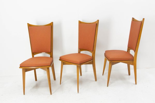 Mid-Century Dining Chairs in Beech and Red Moleskine, France, 1950s, Set of 6-RIU-1142278