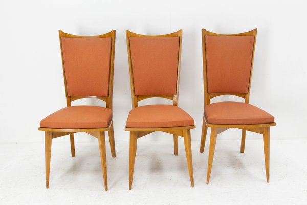 Mid-Century Dining Chairs in Beech and Red Moleskine, France, 1950s, Set of 6-RIU-1142278