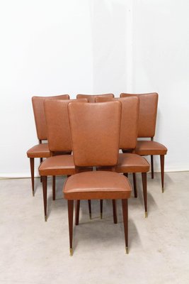 Mid-Century Dining Chairs in Brown Skai and Iroko Wood, 1960s, Set of 6-RIU-837607