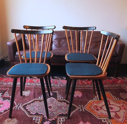 Mid-Century Dining Chairs with Splayed Legs and Petrol Blue Seats, Set of 4-ED-1811076