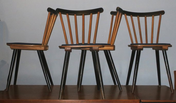 Mid-Century Dining Chairs with Splayed Legs and Petrol Blue Seats, Set of 4-ED-1811076