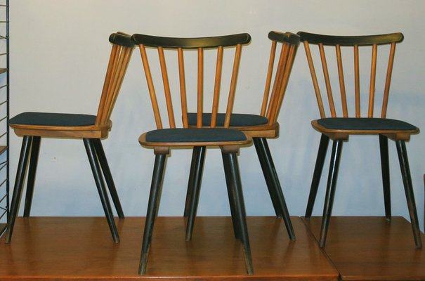 Mid-Century Dining Chairs with Splayed Legs and Petrol Blue Seats, Set of 4-ED-1811076