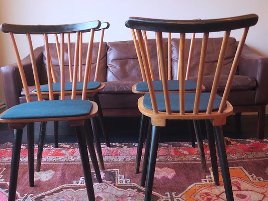 Mid-Century Dining Chairs with Splayed Legs and Petrol Blue Seats, Set of 4-ED-1811076