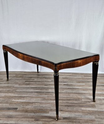 Mid-Century Dining Table in Mahogany with Glass Top and Brass Decorations, 1950-ZUW-1811425