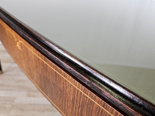 Mid-Century Dining Table in Mahogany with Glass Top and Brass Decorations, 1950-ZUW-1811425