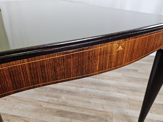 Mid-Century Dining Table in Mahogany with Glass Top and Brass Decorations, 1950-ZUW-1811425