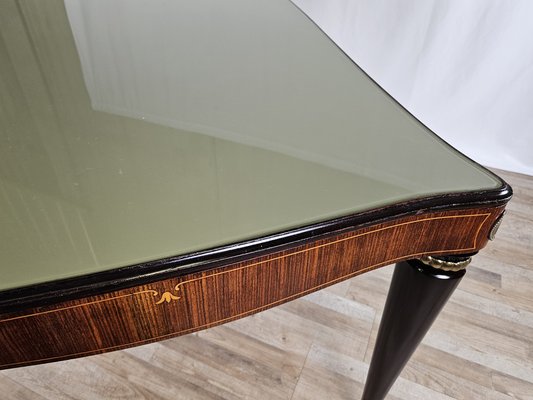 Mid-Century Dining Table in Mahogany with Glass Top and Brass Decorations, 1950-ZUW-1811425