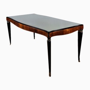 Mid-Century Dining Table in Mahogany with Glass Top and Brass Decorations, 1950-ZUW-1811425