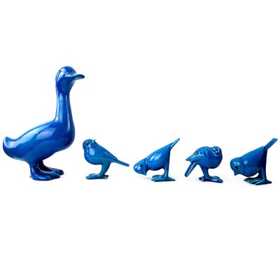 Mid-Century Duck & Sparrows in Blue Ceramic by Georges Cassin, Set of 5-RY-659643