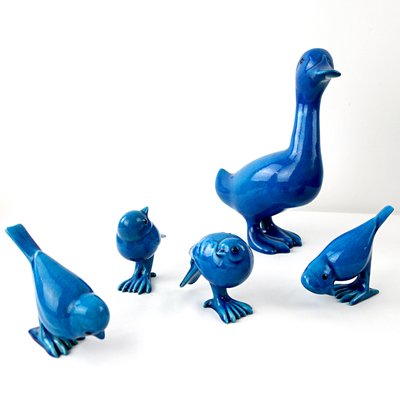 Mid-Century Duck & Sparrows in Blue Ceramic by Georges Cassin, Set of 5-RY-659643