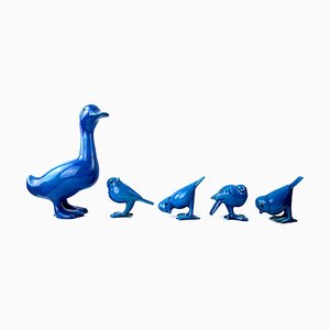 Mid-Century Duck & Sparrows in Blue Ceramic by Georges Cassin, Set of 5-RY-659643