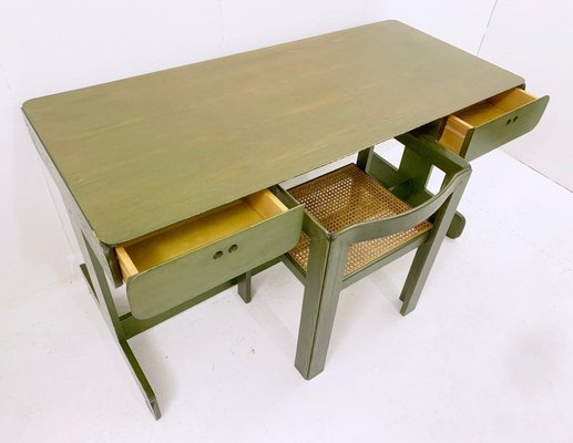 Mid-Century Dutch Green Desk & Chair in Wood by Derk Jan de Vries, 1960s, Set of 2-FGA-1329751