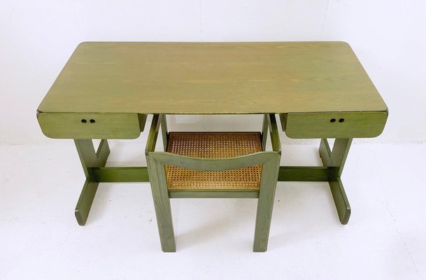 Mid-Century Dutch Green Desk & Chair in Wood by Derk Jan de Vries, 1960s, Set of 2-FGA-1329751