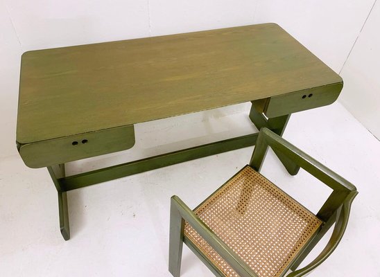 Mid-Century Dutch Green Desk & Chair in Wood by Derk Jan de Vries, 1960s, Set of 2-FGA-1329751