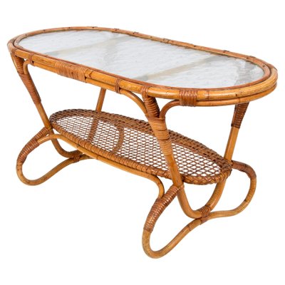 Mid-Century Dutch Oval Rattan and Bamboo Coffee Table with Glass Top by Kaare Klint, 1950s-JDR-1125514