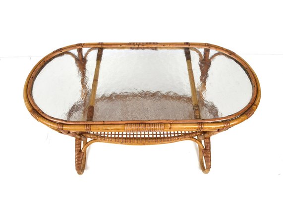 Mid-Century Dutch Oval Rattan and Bamboo Coffee Table with Glass Top by Kaare Klint, 1950s-JDR-1125514