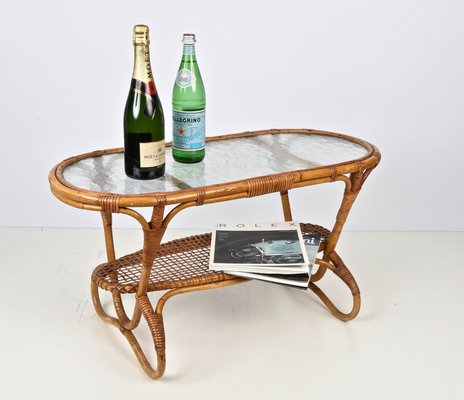 Mid-Century Dutch Oval Rattan and Bamboo Coffee Table with Glass Top by Kaare Klint, 1950s-JDR-1125514