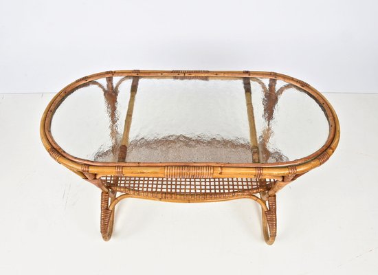 Mid-Century Dutch Oval Rattan and Bamboo Coffee Table with Glass Top by Kaare Klint, 1950s-JDR-1125514