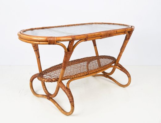 Mid-Century Dutch Oval Rattan and Bamboo Coffee Table with Glass Top by Kaare Klint, 1950s-JDR-1125514