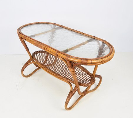 Mid-Century Dutch Oval Rattan and Bamboo Coffee Table with Glass Top by Kaare Klint, 1950s-JDR-1125514