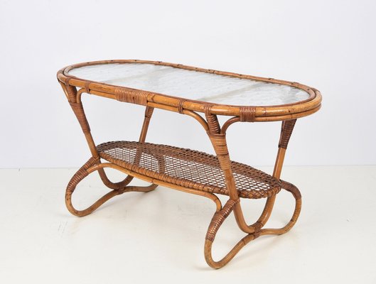 Mid-Century Dutch Oval Rattan and Bamboo Coffee Table with Glass Top by Kaare Klint, 1950s-JDR-1125514