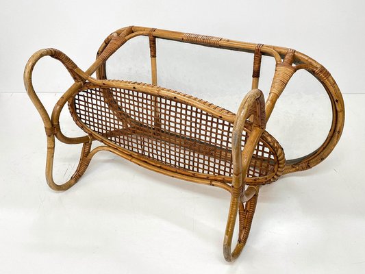 Mid-Century Dutch Oval Rattan and Bamboo Coffee Table with Glass Top by Kaare Klint, 1950s-JDR-1125514