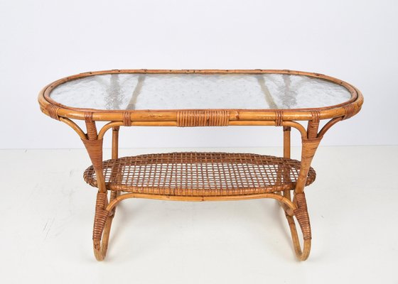 Mid-Century Dutch Oval Rattan and Bamboo Coffee Table with Glass Top by Kaare Klint, 1950s-JDR-1125514