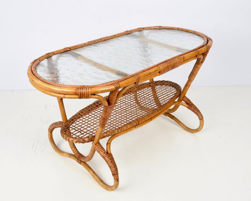 Mid-Century Dutch Oval Rattan and Bamboo Coffee Table with Glass Top by Kaare Klint, 1950s-JDR-1125514