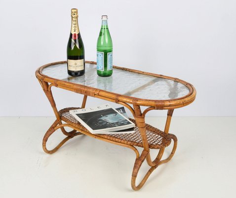 Mid-Century Dutch Oval Rattan and Bamboo Coffee Table with Glass Top by Kaare Klint, 1950s-JDR-1125514