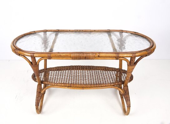 Mid-Century Dutch Oval Rattan and Bamboo Coffee Table with Glass Top by Kaare Klint, 1950s-JDR-1125514