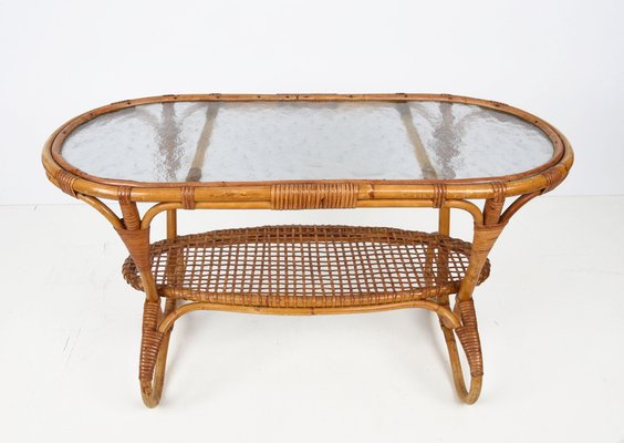 Mid-Century Dutch Oval Rattan and Bamboo Coffee Table with Glass Top by Kaare Klint, 1950s-JDR-1125514