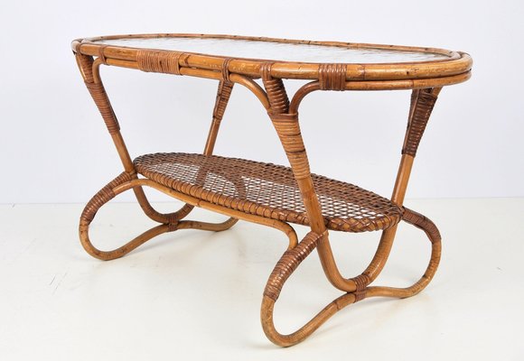 Mid-Century Dutch Oval Rattan and Bamboo Coffee Table with Glass Top by Kaare Klint, 1950s-JDR-1125514