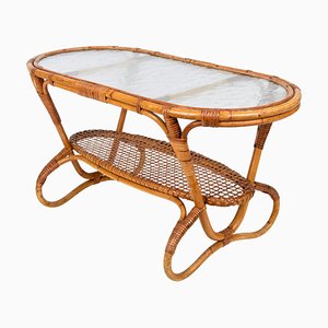 Mid-Century Dutch Oval Rattan and Bamboo Coffee Table with Glass Top by Kaare Klint, 1950s-JDR-1125514