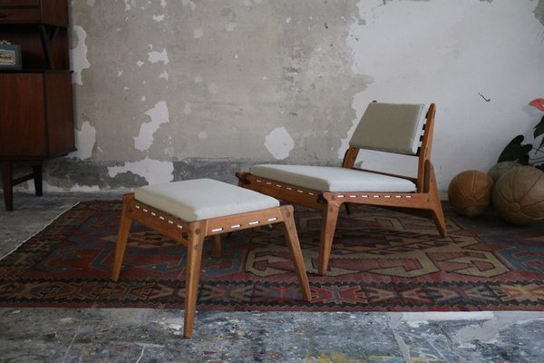 Mid-Century East German Hunting Chair with Ottoman in Oak, 1960, Set of 2-FUP-1767696