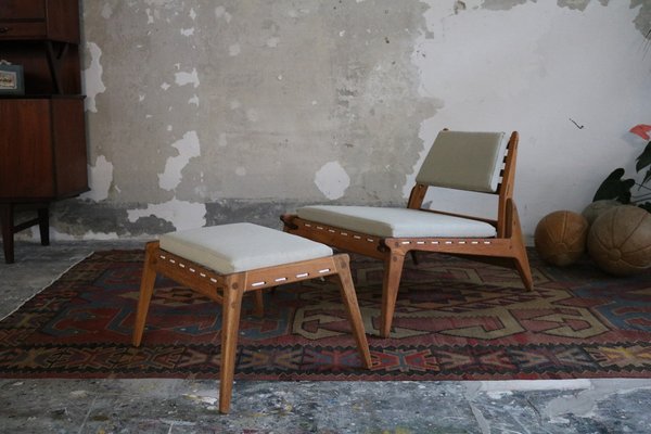 Mid-Century East German Hunting Chair with Ottoman in Oak, 1960, Set of 2-FUP-1767696