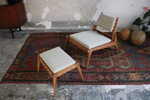 Mid-Century East German Hunting Chair with Ottoman in Oak, 1960, Set of 2-FUP-1767696