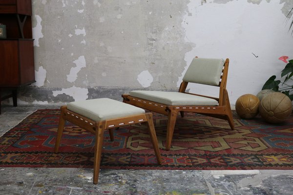 Mid-Century East German Hunting Chair with Ottoman in Oak, 1960, Set of 2-FUP-1767696