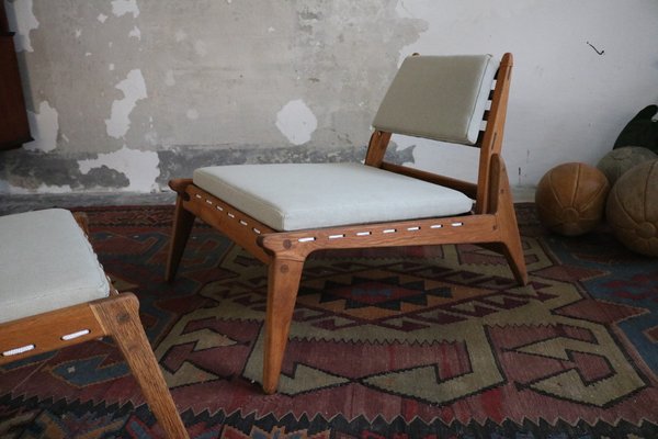 Mid-Century East German Hunting Chair with Ottoman in Oak, 1960, Set of 2-FUP-1767696