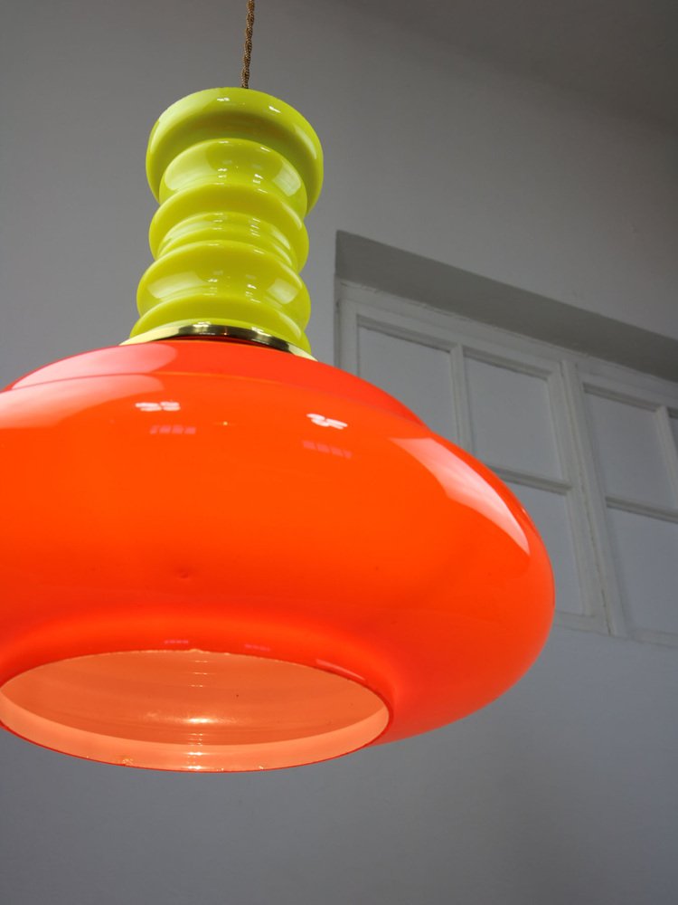 Mid-Century Eclectic Neon Glass and Brass Pendant Lamp