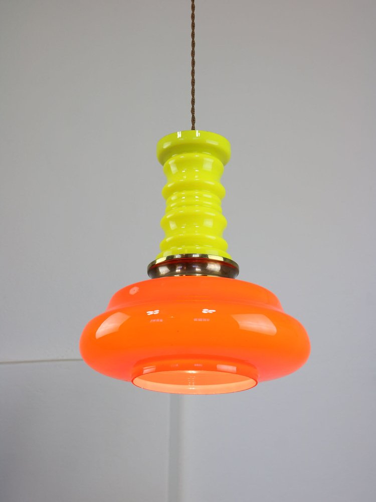 Mid-Century Eclectic Neon Glass and Brass Pendant Lamp