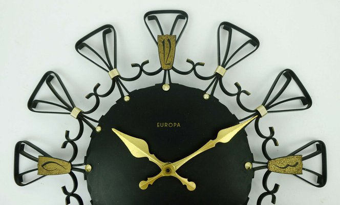 Mid-Century European Elomatic Sunburst Wall Clock in Black Metal & Brass, 1960s-FH-1297147