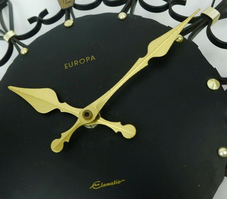 Mid-Century European Elomatic Sunburst Wall Clock in Black Metal & Brass, 1960s-FH-1297147