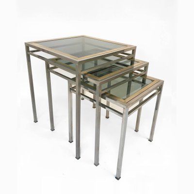 Mid-Century Extractable Metal, Brass and Smoked Glass Coffee Tables, Italy, 1970s, Set of 3-JDR-1125530