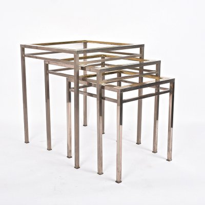 Mid-Century Extractable Metal, Brass and Smoked Glass Coffee Tables, Italy, 1970s, Set of 3-JDR-1125530